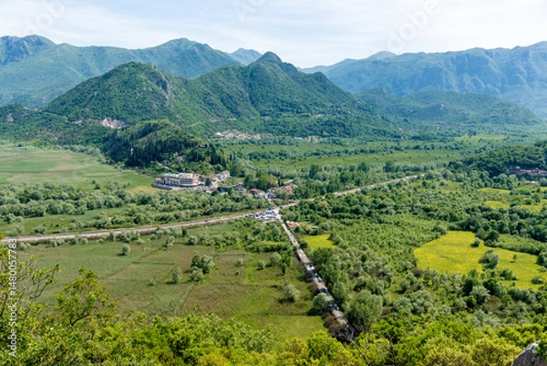 Fototapeta Landscape of Montenegro mountains, mountain range in haze summer