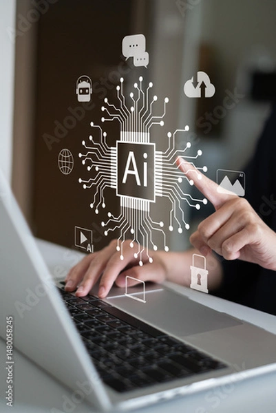 Fototapeta Artificial intelligence technology ai digital innovation image generation chatbot business dashboard data analysis marketing innovation network assistance automation system software machine learning