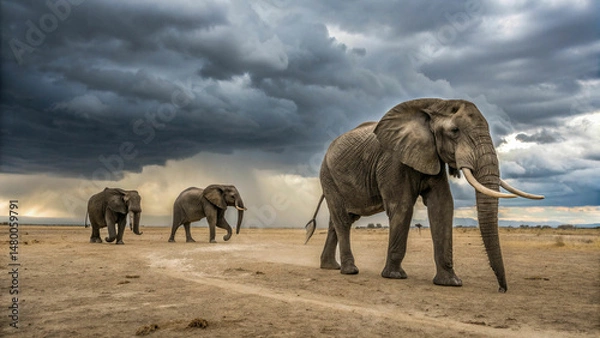Fototapeta elephants on dusty plain with stormy sky enormous