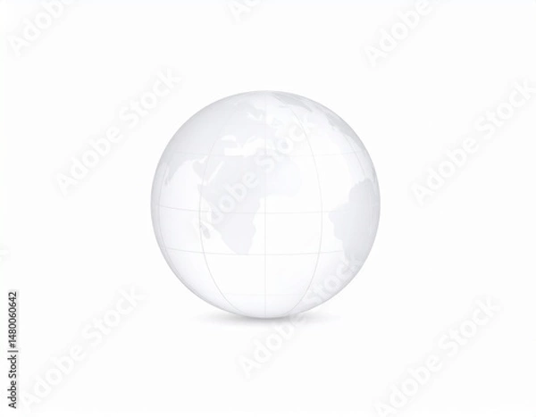Fototapeta Translucent globe displaying continents and meridians against a solid, bright white background