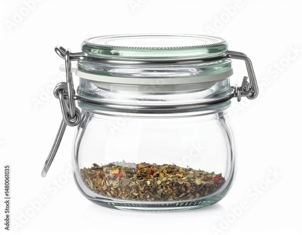 Fototapeta Glass jar holding dried herbs and spices, lid secured with a metal clasp, white background