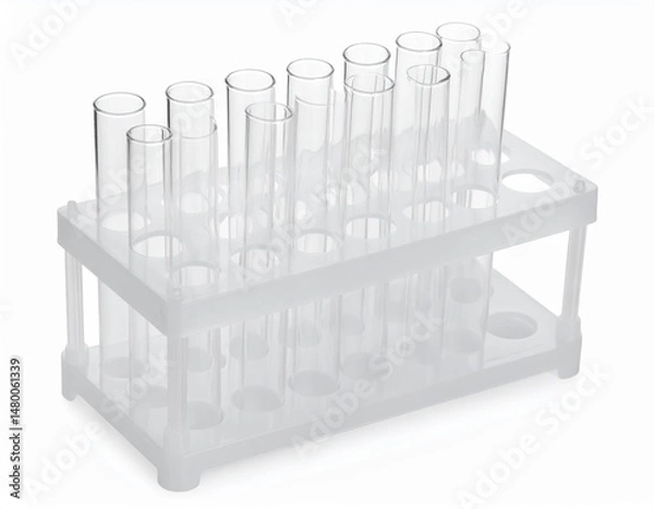 Fototapeta Array of clear test tubes within a white plastic rack, laboratory equipment on clean white backdrop