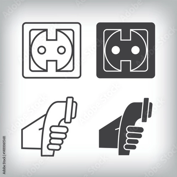 Fototapeta Artistic design of plug socket and hand charger. Simple linear and flat electric charging icon set.