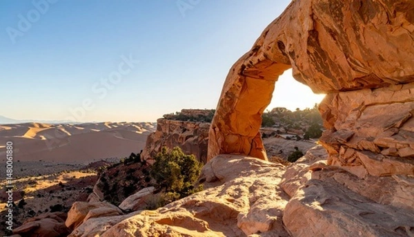 Fototapeta Desert arch at dawn, framing distant dunes under a clear sky in a vast, arid landscape