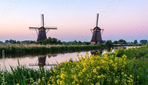 Fototapeta Windmills flank a tranquil canal at dusk, reflected in the water, surrounded by vibrant flowers