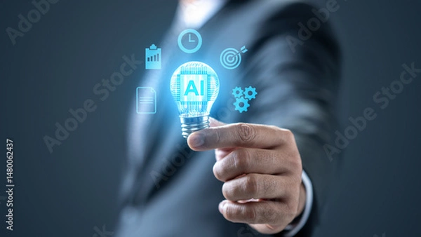Fototapeta Businessman showing a light bulb with an AI symbol. Technology innovation on the virtual screen. Concept of AI or Artificial Intelligence
