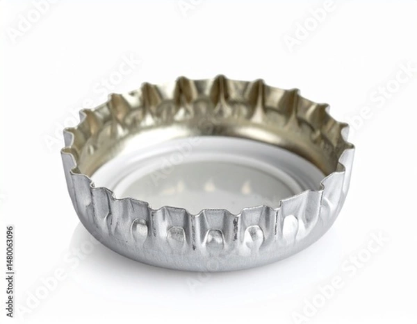 Fototapeta Silver bottle cap rests upside down, showing the inner lining and jagged edges, casting a soft shadow
