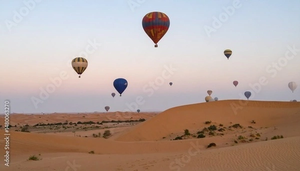 Fototapeta Balloons float over a desert landscape at dawn, painting the sky with colorful shapes