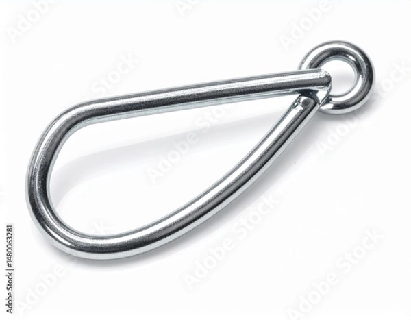 Fototapeta Silver-colored wire loop with a small, round eyelet at the top on a white surface
