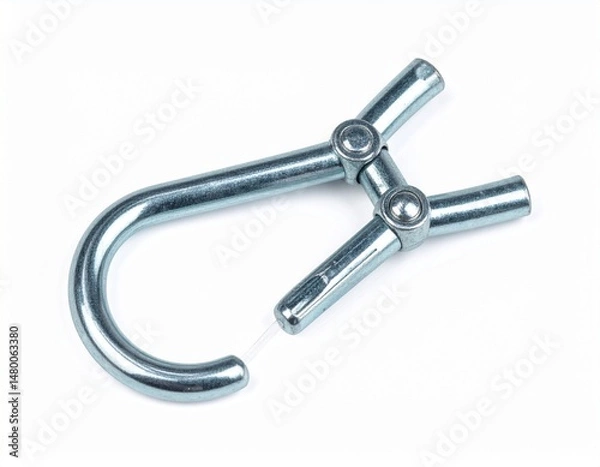 Fototapeta Metal hook clip; silvery sheen, folded clasp with rod locking it, laid on a white background