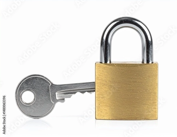 Fototapeta Brass padlock with a silver key inserted,isolated against clean white background