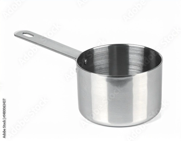 Fototapeta Silver metal saucepan with long handle, sitting on a white surface, against a plain background