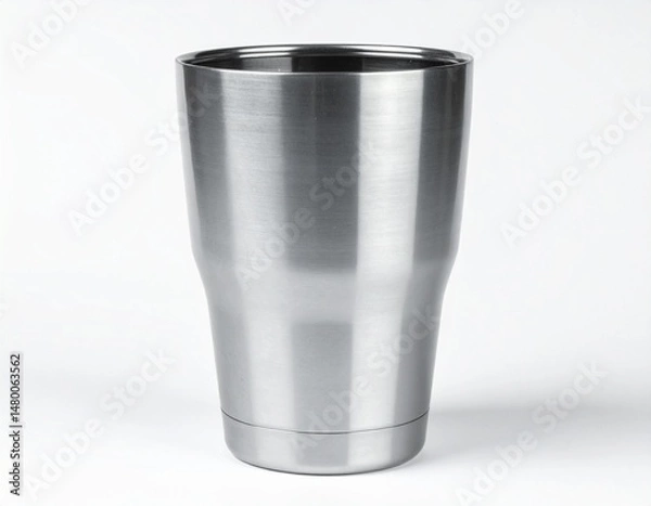 Fototapeta Sleek metal tumbler with curved sides sits on a white background