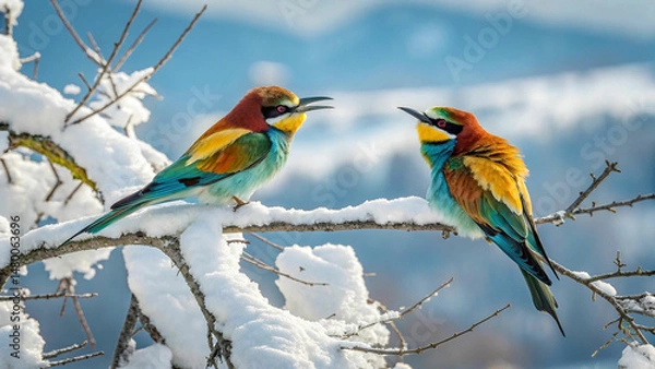 Fototapeta two colorful birds perched on snowy branch