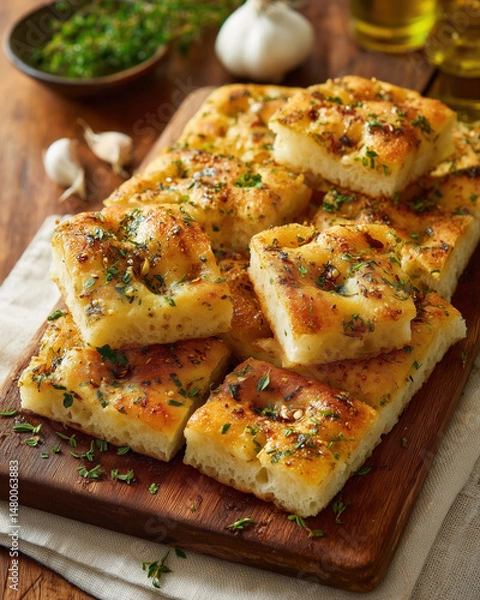 Fototapeta Focaccia bread cut into rustic squares sprinkled with fresh herbs and garlic on wooden board, showcasing golden crust and soft texture, evoking warm and appetizing feeling