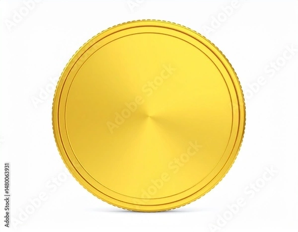 Fototapeta Gold coin Shiny, golden coin with textured edges stands against a bright white backdrop