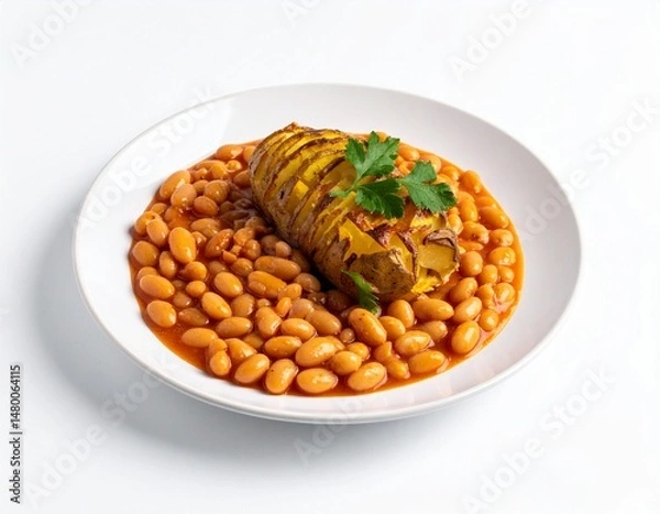 Fototapeta Potato with beans, garnished with parsley on a white plate