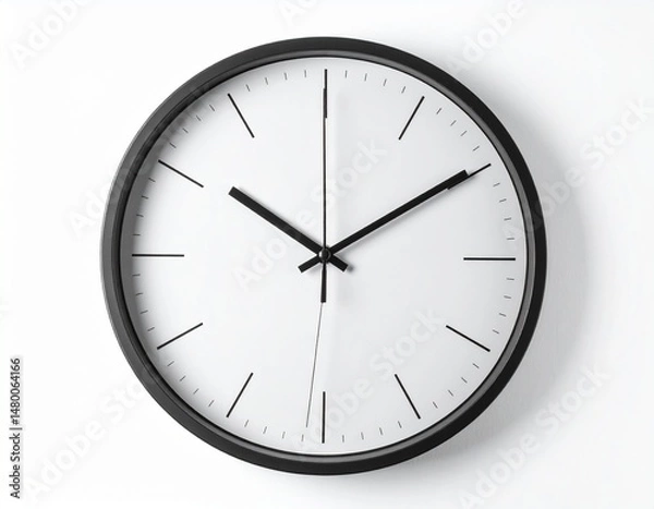 Fototapeta Round clock with black frame, white face, and black hands, isolated