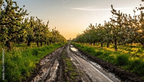 Obraz Scenic Orchard Pathway with Lush Green Trees at Sunrise