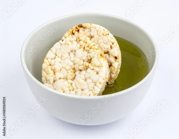 Fototapeta Rice cakes submerged in a clear liquid, presented in a simple white bowl