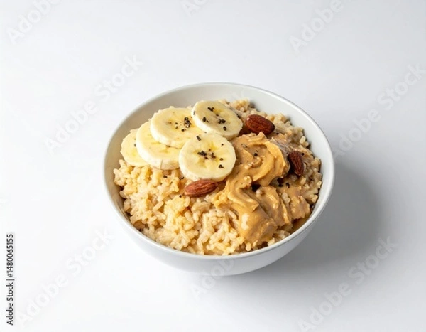 Fototapeta Oatmeal bowl with banana slices, nut butter, almonds, and seeds on a clean, white background