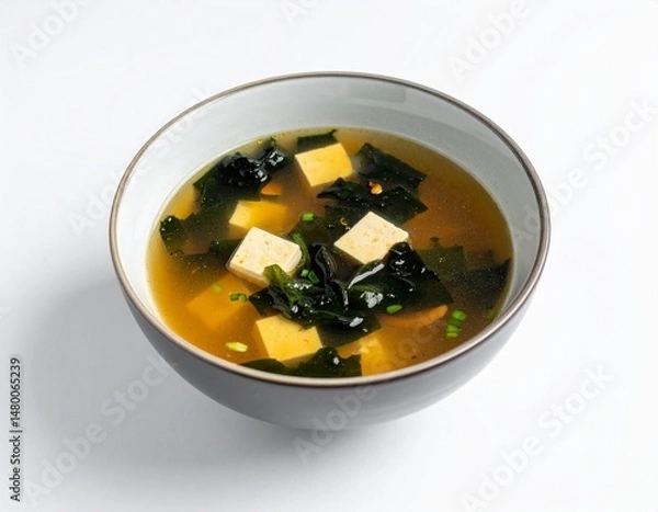 Fototapeta Savory soup with tofu and seaweed in a bowl, light broth