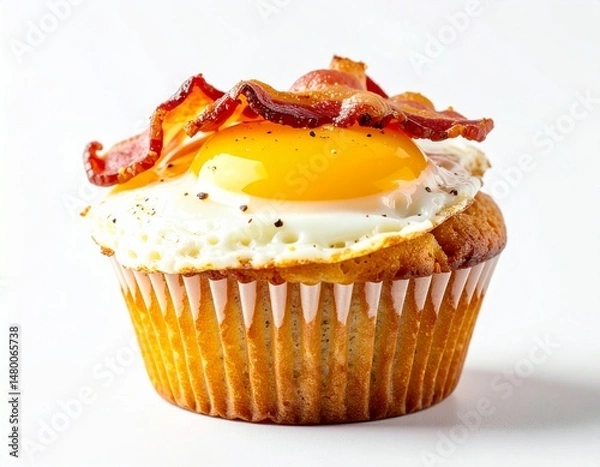 Fototapeta Savory cupcake topped with fried egg and bacon, against a white background