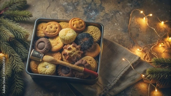 Obraz A festive assortment of cookies in a metal tin, nestled amongst string lights and evergreen branches, creating a cozy and inviting holiday scene.