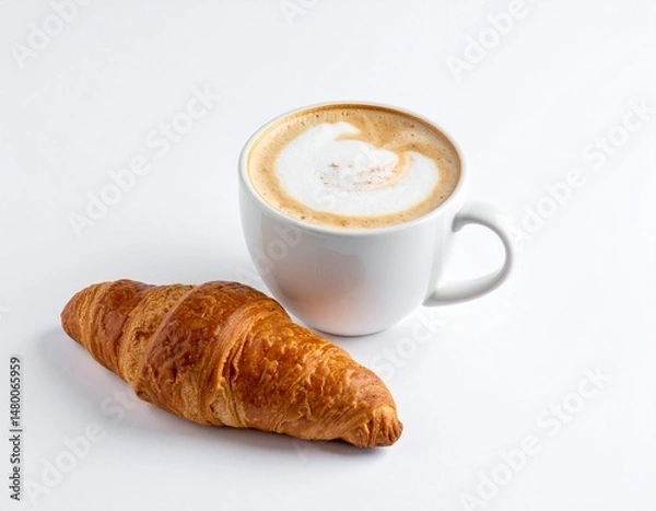 Fototapeta Croissant and coffee Warm, baked croissant beside a coffee cup on a plain, bright background