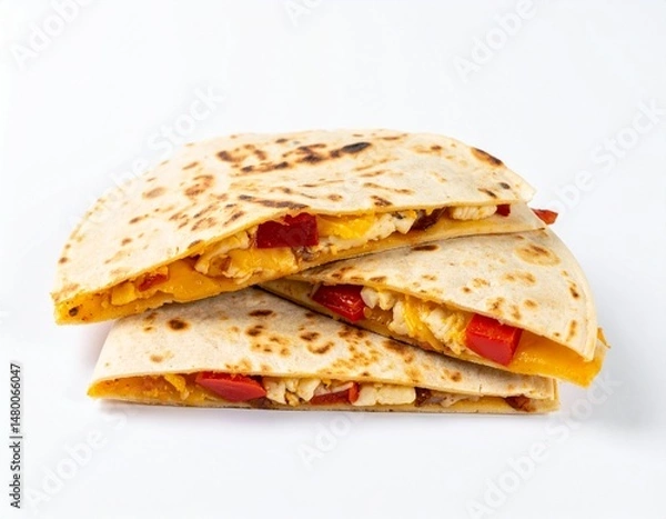 Fototapeta Three quesadilla slices filled with cheese, chicken, and red peppers stacked on a white background