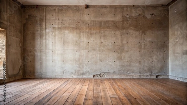 Obraz A spacious, minimalist interior with a rough concrete wall and a wood floor, revealing a sense of unfinished potential.