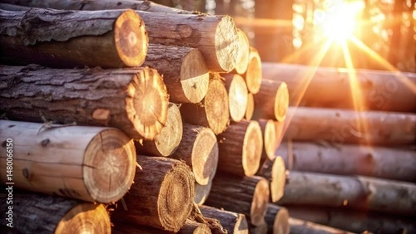Obraz Sunlight illuminates a stack of wooden logs, revealing their warm, natural texture and the intricate grain patterns.