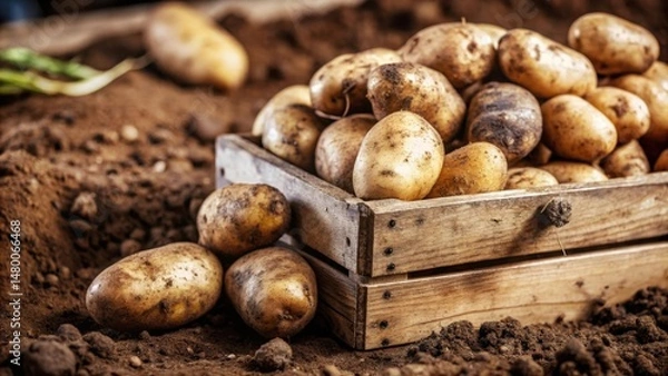 Obraz A freshly harvested crate of potatoes sits on a bed of rich, brown soil, showcasing the earthy essence of the harvest.