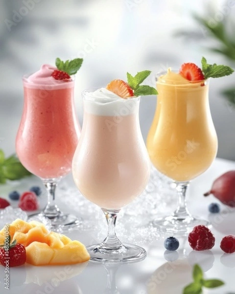 Fototapeta Trio of Fruit Smoothies in Elegant Glasses Close Up Still Life Refreshing Summer Drinks with Strawberries Mango Mint