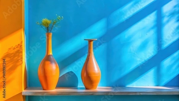 Obraz Two orange ceramic vases on a wooden shelf against a blue wall with light streaming through a window creating shadows