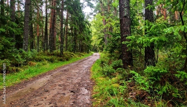 Fototapeta Tranquil Forest Path Surrounded by Lush Greenery and Trees