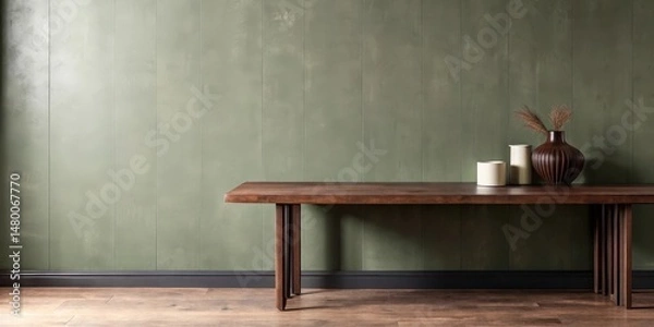 Obraz Modern interior design featuring a long wooden table against a textured green wall with a vase and two cylinders