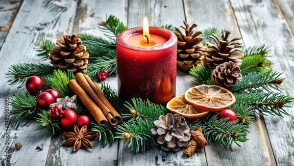 Obraz A Festive Christmas Wreath with a Glowing Candle, Pine Cones, Cinnamon Sticks, and Dried Oranges