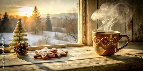 Obraz A Cup of Warmth on a Snowy Winter Day, With a View of a Sun-Kissed Forest Through the Window, Adorned with Festive Decor