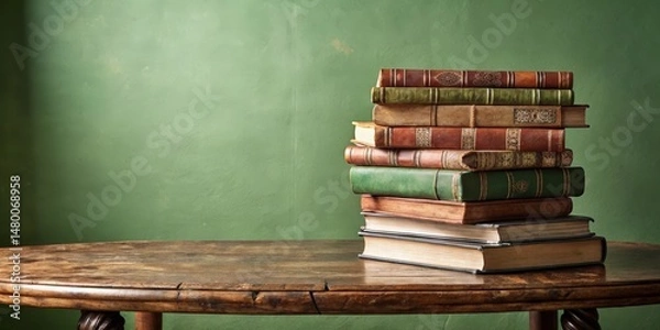 Obraz A Stack of Antique Books Resting on a Rustic Wooden Table Against a Lush Green Wall