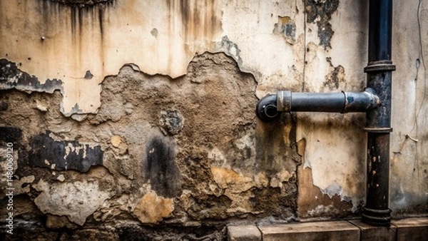 Obraz A weathered wall with peeling plaster reveals the rough texture beneath, a stark contrast to the smooth, dark metal pipe that extends horizontally from the vertical drain