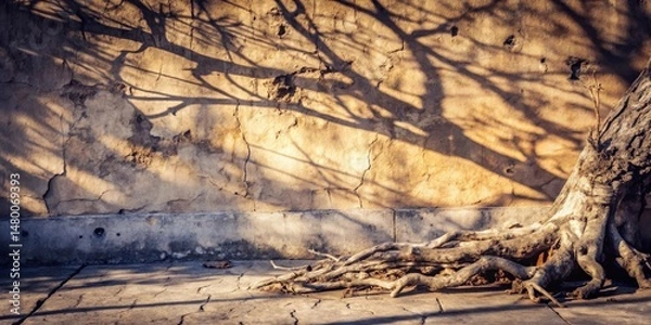 Obraz An Old Tree's Roots Reach Out From Under a Crackled Wall, Bathed in Golden Sunlight
