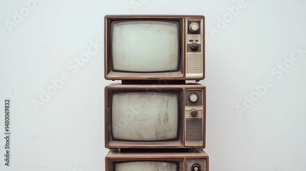 Fototapeta Three stacked retro televisions with worn screens and knobs placed against a plain white background, nostalgic tech concept