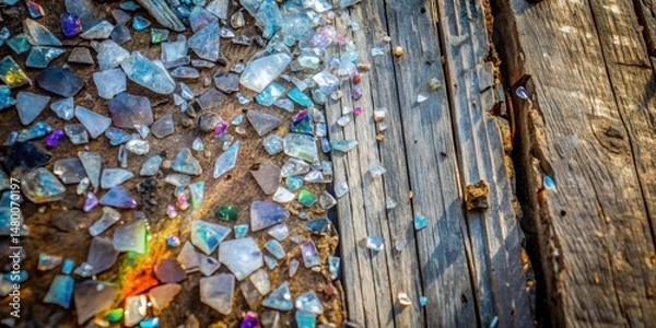 Obraz A close-up view of iridescent glass shards scattered across weathered wood, catching the light with a mesmerizing shimmer