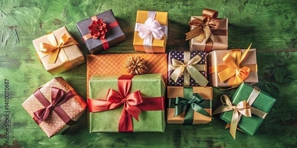 Obraz A collection of beautifully wrapped gifts with various colors and patterns, tied with delicate ribbons, adorn a rustic wooden surface, creating a festive and celebratory atmosphere.