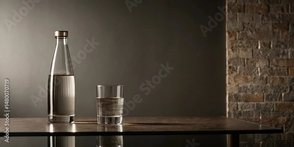 Obraz A glass of water and a bottle of water on a wooden table in front of a stone wall