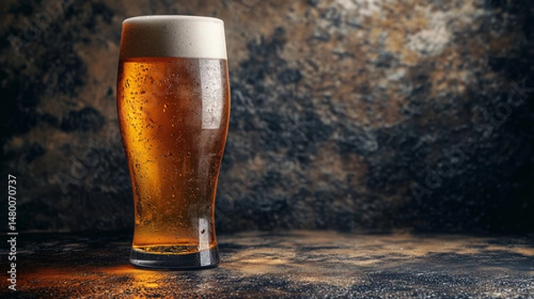 Fototapeta Cold pint of amber beer with frothy head on rustic surface, moody lighting and dark background enhance the beverage's appeal.