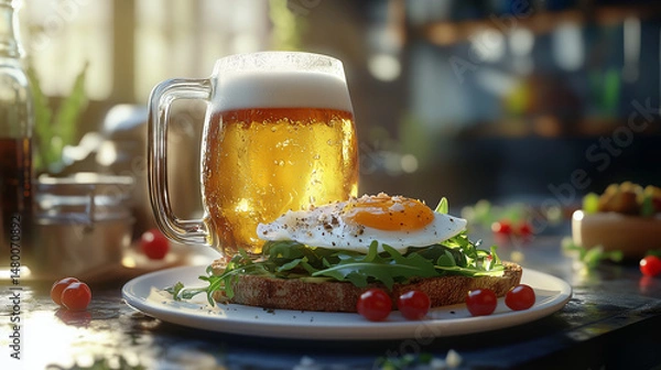 Fototapeta Rustic breakfast scene with fried egg toast, arugula, and cherry tomatoes beside a frothy mug of cold beer in natural light.