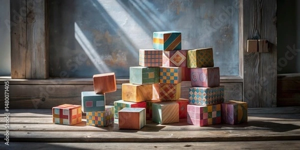 Obraz A stack of colorful wooden blocks arranged in a pyramid shape, illuminated by a shaft of sunlight, rests on a rustic wooden surface.