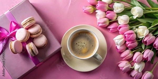 Obraz A delicate pink and white still life featuring pink tulips, macarons, a gift box, and a cup of coffee